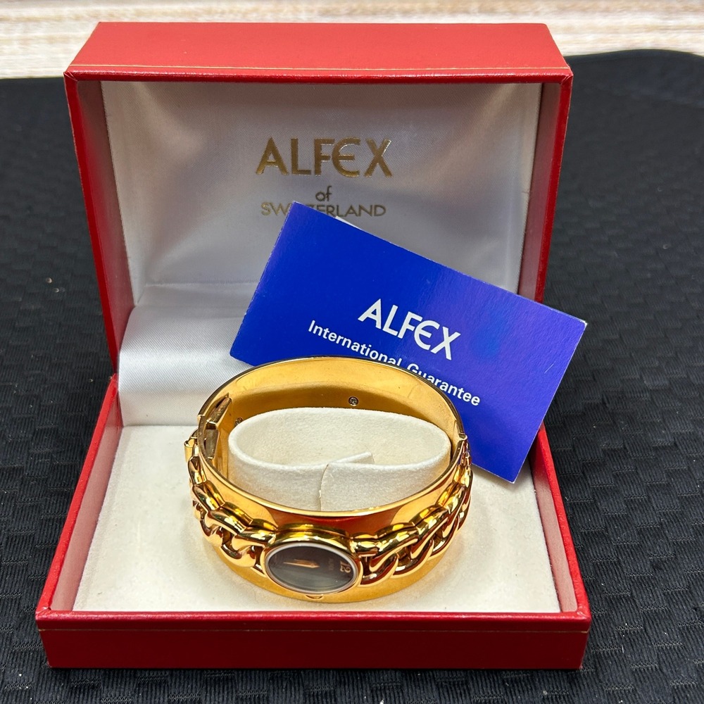 Alfex of Switzerland Vintage 18KT Gold Electroplated Cuff Watch‎ Cuban Link P/R